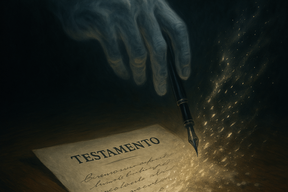 Testamento olografo scritto a mano con penna stilografica su carta antica. La mano spettrale simboleggia l’incapacità naturale testatore, mentre l’inchiostro che si dissolve rappresenta la retroattività della nullità dell’atto.