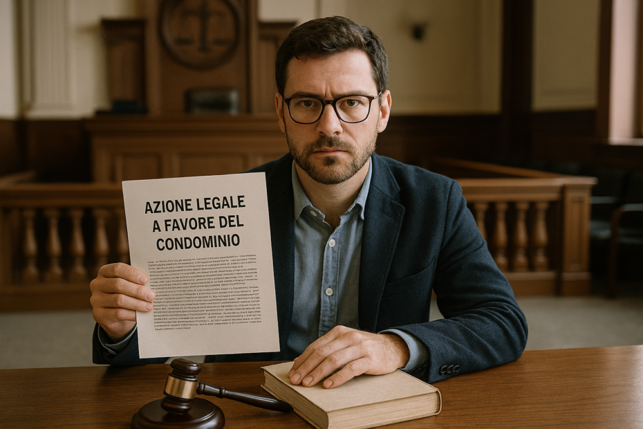 condomino che mostra un foglio con legittimazione concorrente del condomino