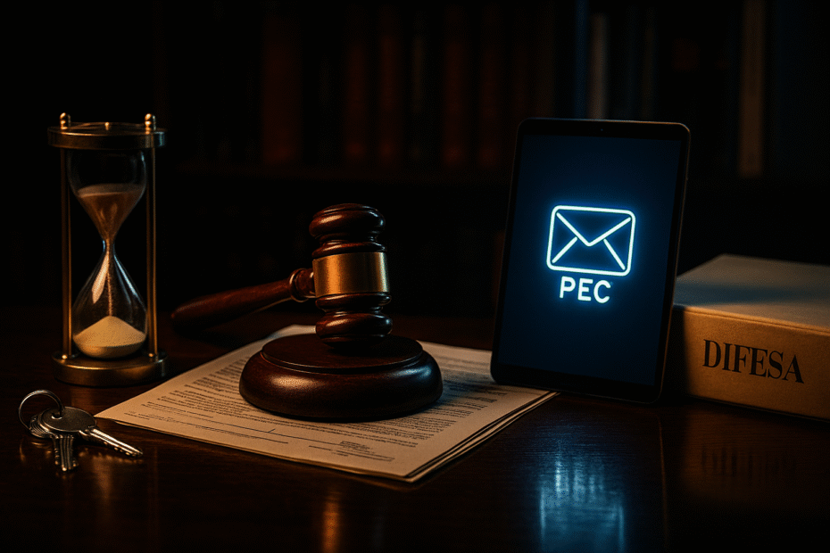 immagine di pec sfratti veloci ultime novità e un martelletto del giudice e clessidra